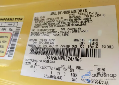 2017 Ford Mustang V6 z USA, uszkodzony, nr VIN 1FATP8EM9H5247864